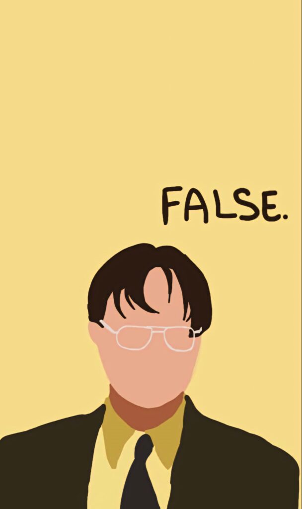 Minimalist Dwight Schrute wallpaper with glasses mustard shirt brown suit and bold FALSE text