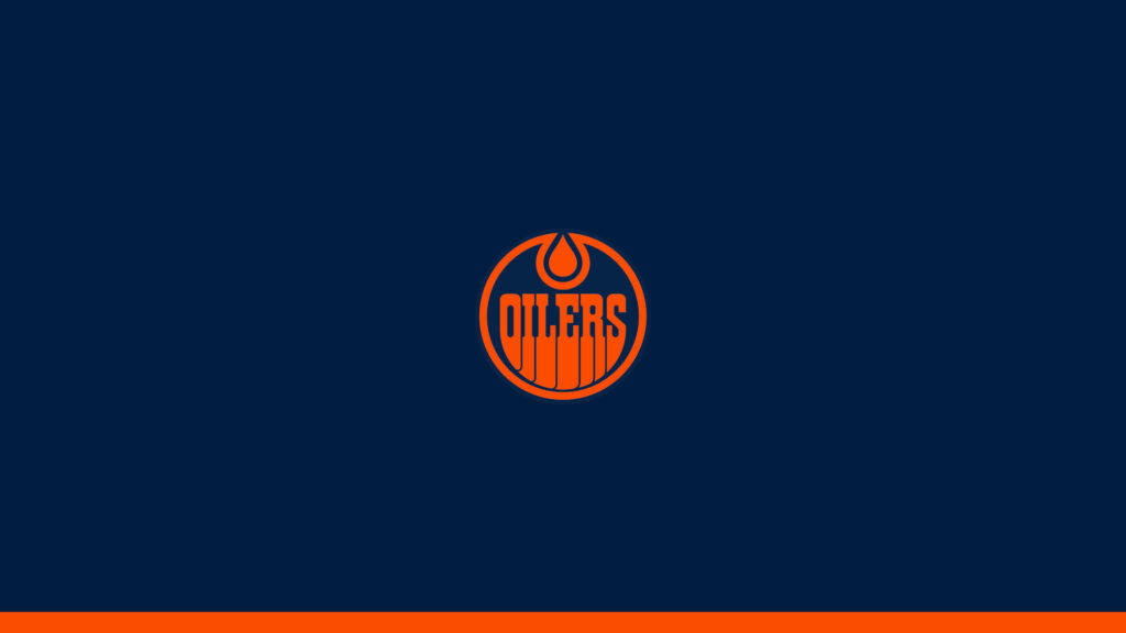 Edmonton Oilers logo in bold orange on navy blue minimalist wallpaper with orange stripe