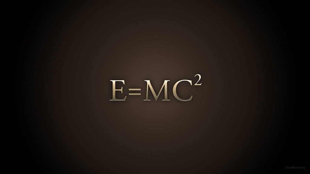 Minimalist wallpaper with gold Einstein equation E=mc² on dark brown gradient background for desktop