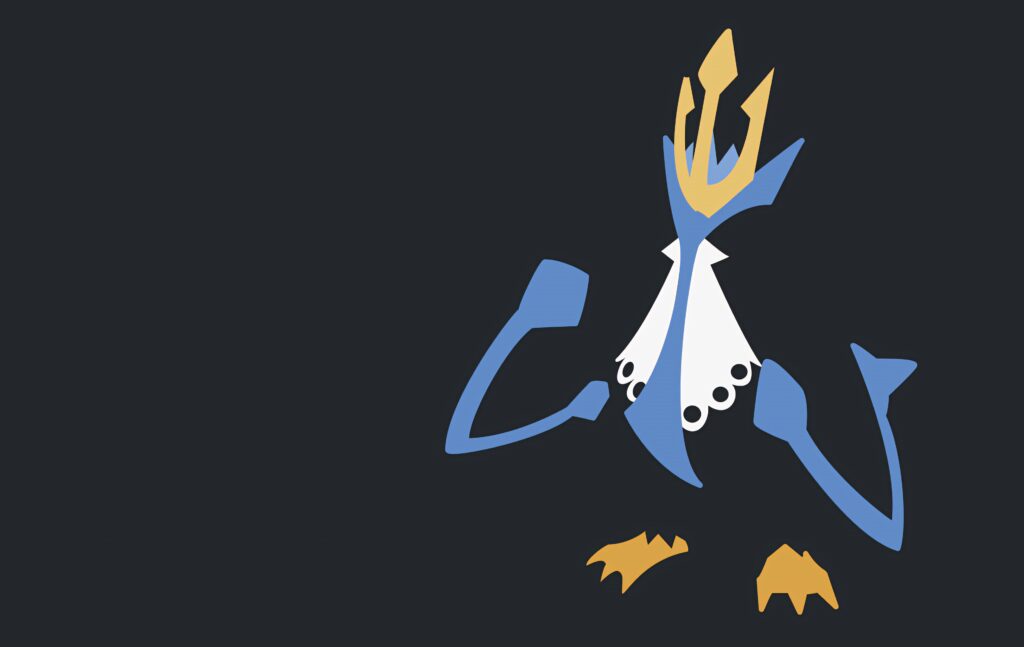 Minimalist vector art of Empoleon Water Steel Pokémon with bold blue white gold shapes on dark background Wallpaper