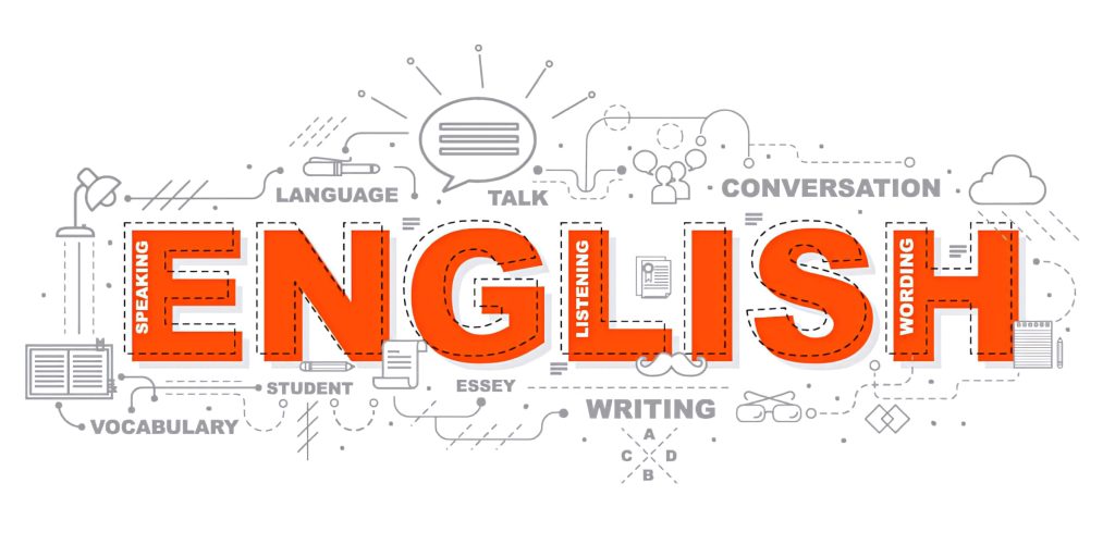 Minimalist English language wallpaper with bold orange text and black line art icons on white background
