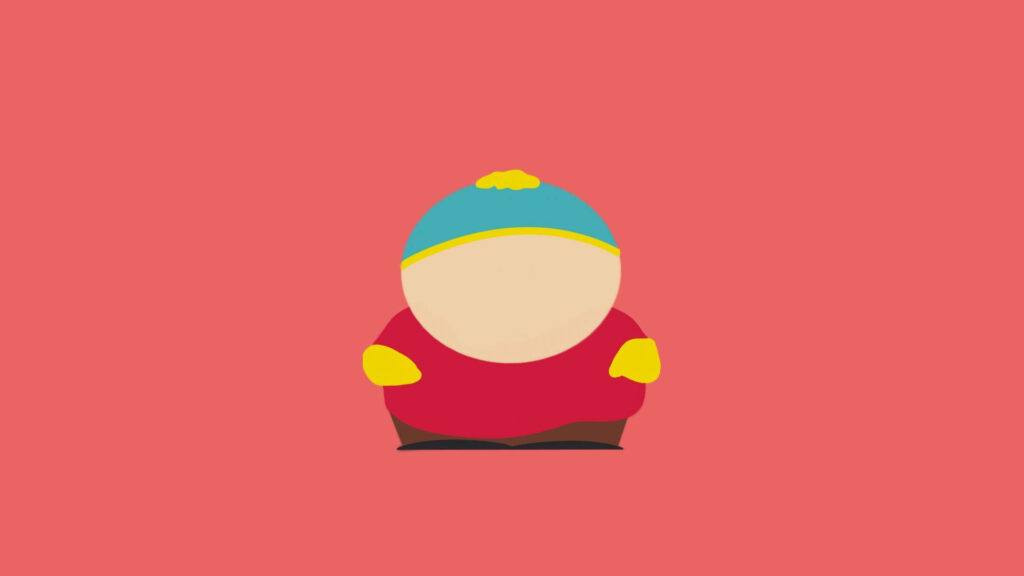Minimalistic wallpaper of Eric Cartman in blue hat and red jacket on plain pink background