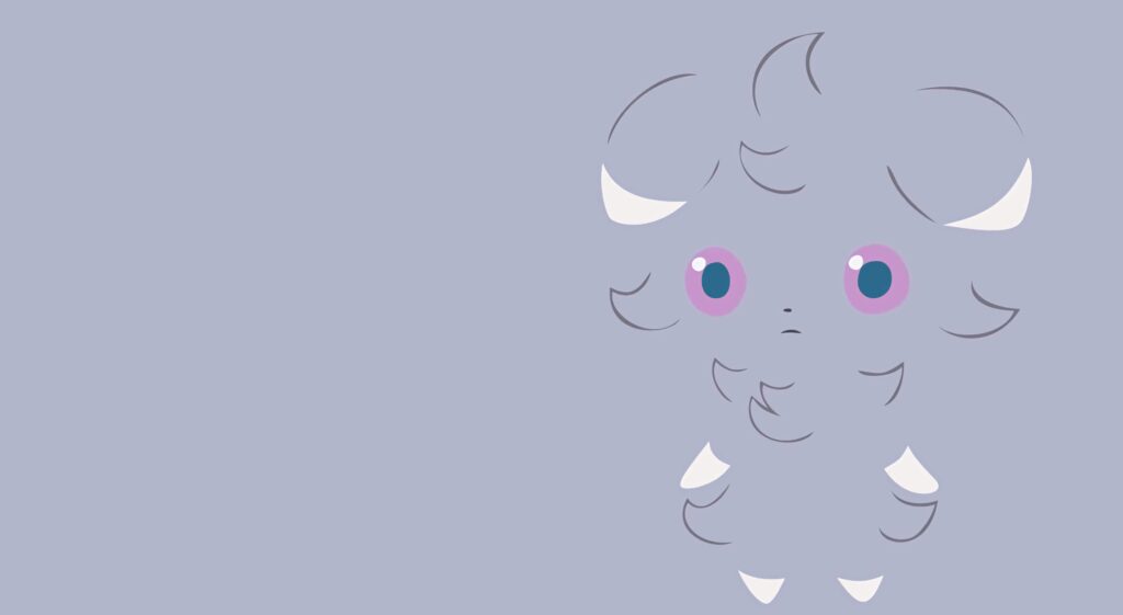 Minimalist vector art wallpaper of Espurr Pokémon with soft lavender fur and purple eyes