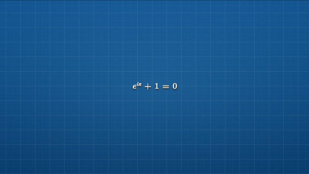 Minimalist Euler's Identity wallpaper on blue blueprint grid for math and physics students
