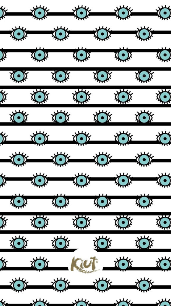 Minimalist iPhone wallpaper with black lines and turquoise evil eye motifs on white background