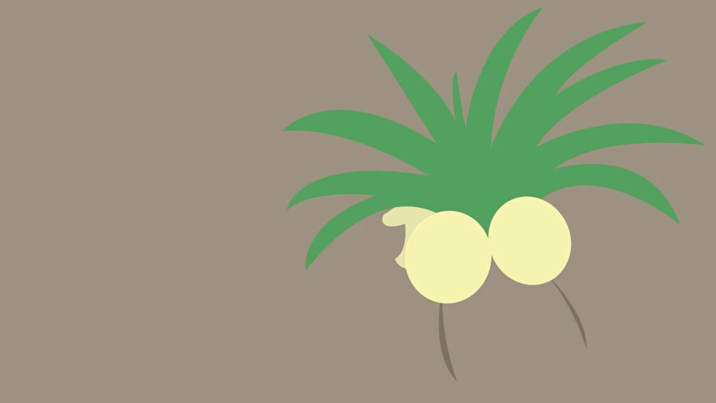 Minimalist faceless Exeggutor wallpaper with yellow heads and green leaves on beige background