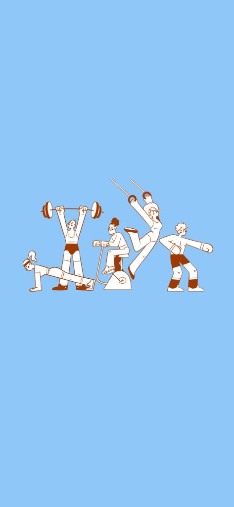 Minimalist exercise wallpaper with brown line art of gym buddies weightlifting cycling and rings