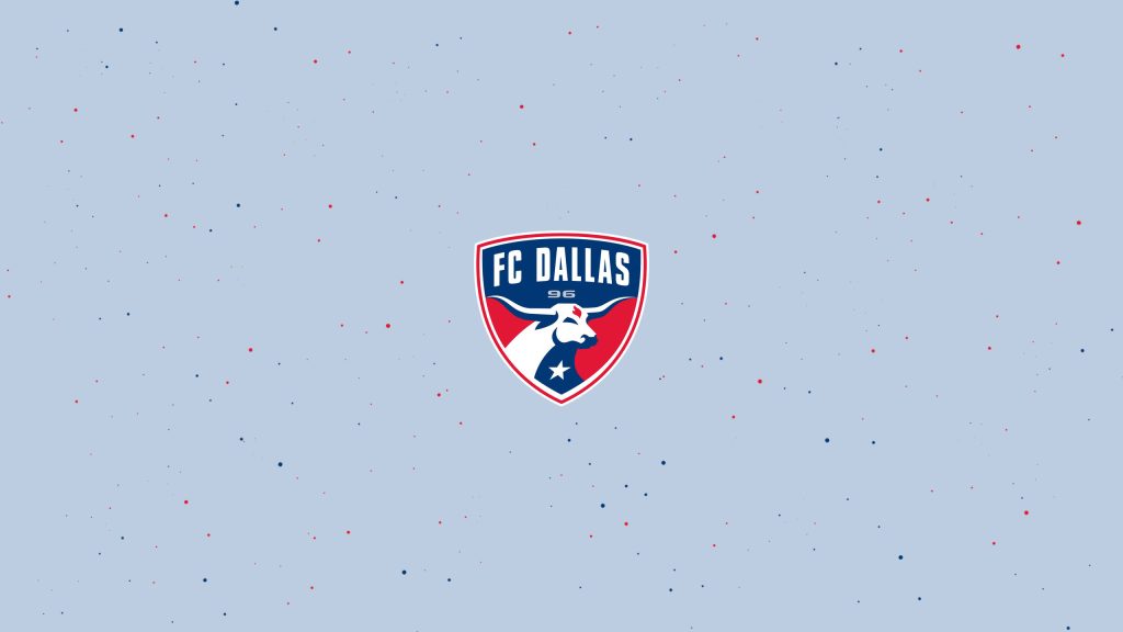 Minimalist FC Dallas wallpaper with team crest and red blue confetti on light blue background