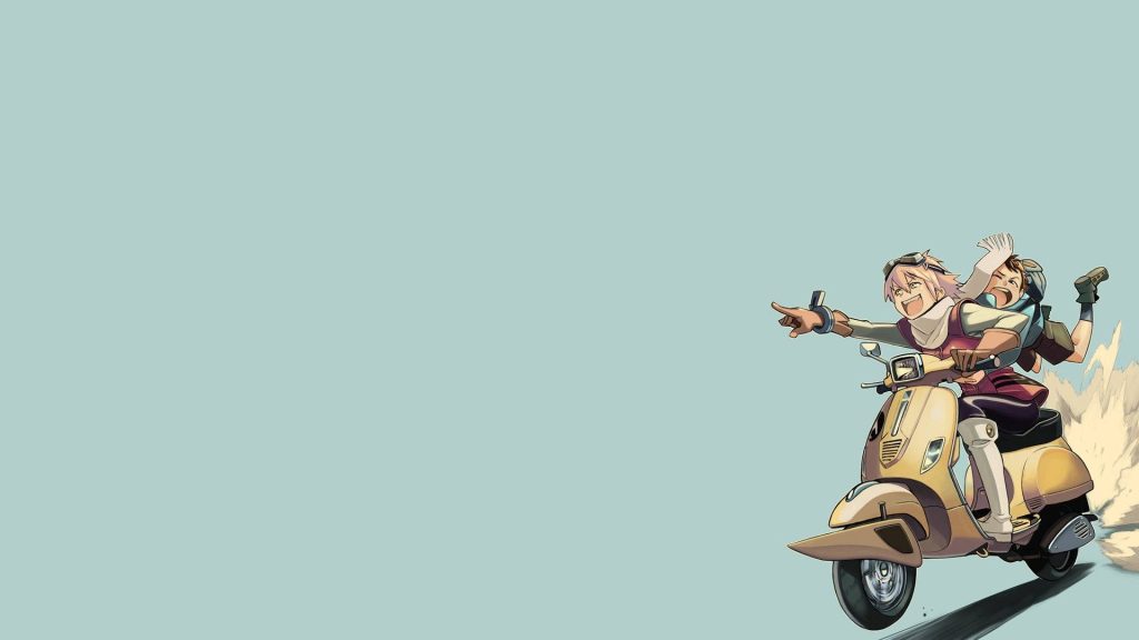 FLCL minimalist anime wallpaper Haruko Haruhara Naota Nandaba riding yellow scooter pale blue background