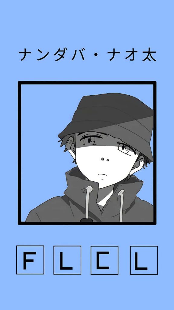 Minimalist FLCL anime wallpaper of Naota Nandaba in bucket hat on soft blue background with logo
