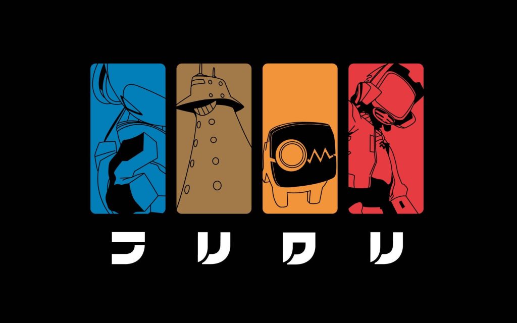 Minimalist FLCL wallpaper with vibrant robot panels in blue tan orange red and black background