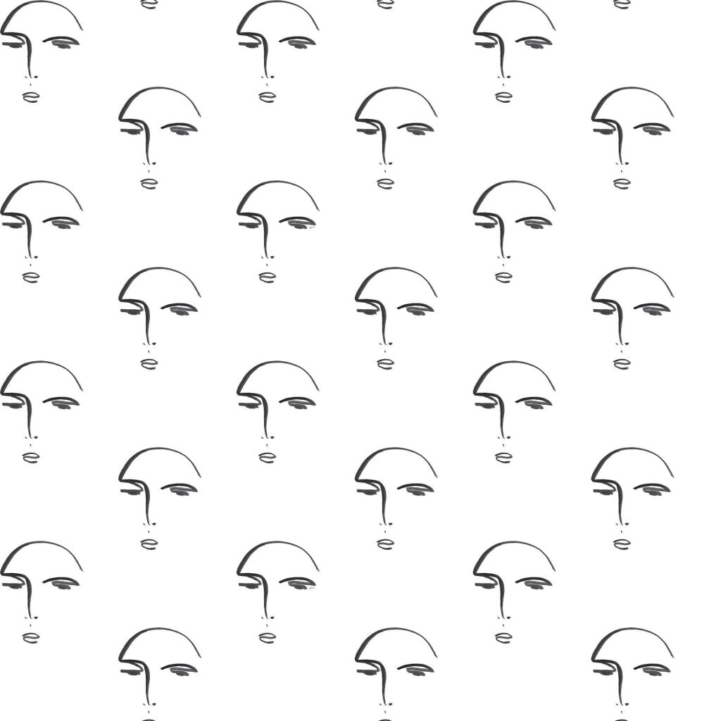 Minimalist continuous line face art wallpaper with black abstract faces on white background