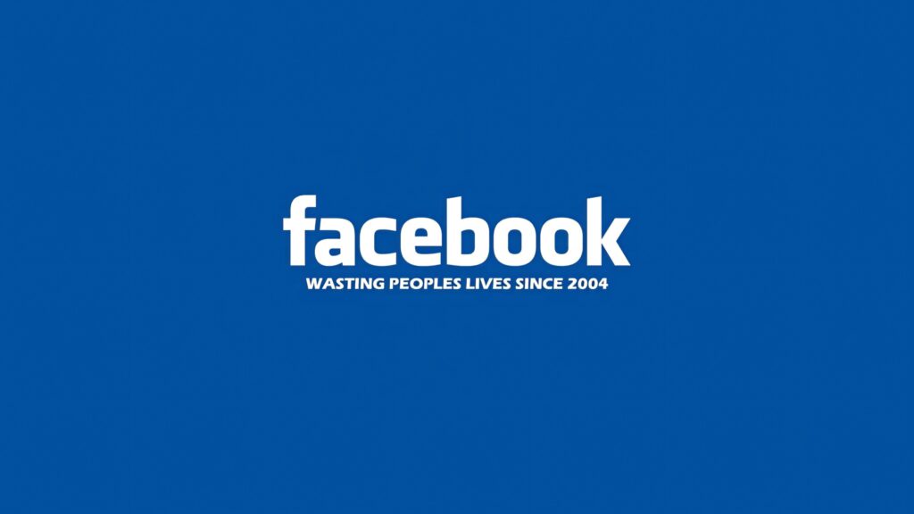 Minimalist Facebook wallpaper with solid blue background bold white logo and playful tagline