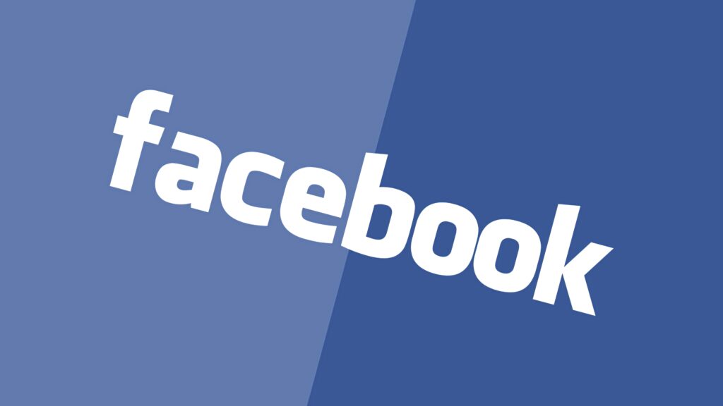 Facebook wallpaper with white lowercase logo tilted on split blue minimalist background