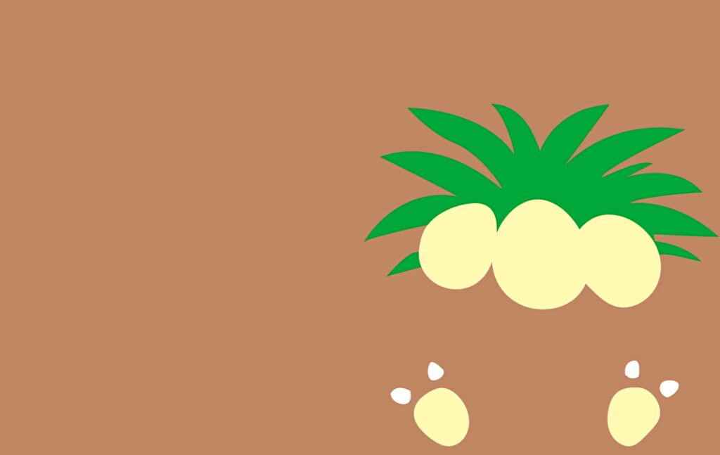 Minimalist faceless Exeggutor wallpaper with green leaves yellow body on warm brown background