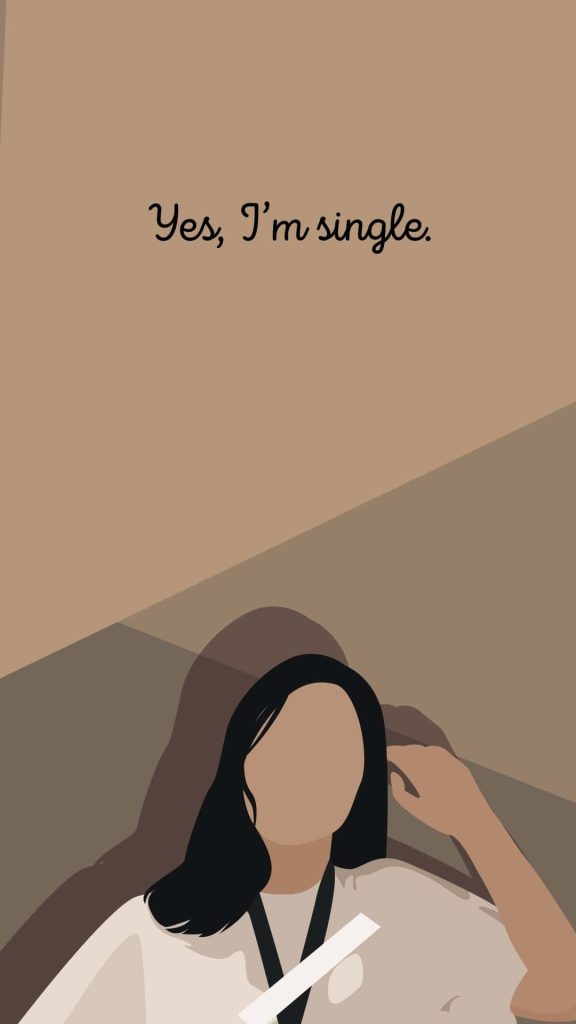 Minimalist vector of faceless woman with long black hair white shirt and yes Im single text Wallpaper