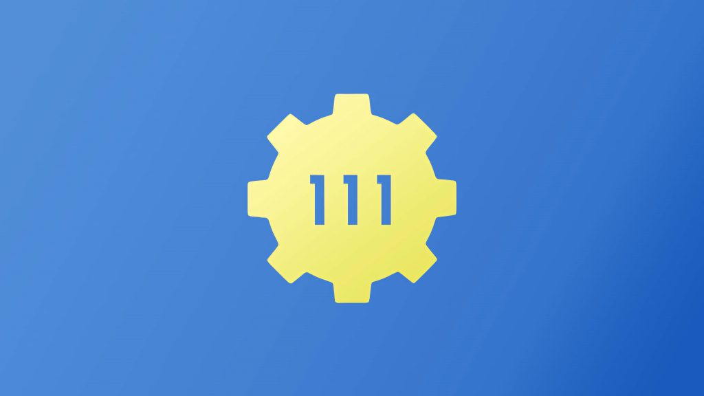 Minimalist Fallout 4 wallpaper with yellow Vault 111 gear logo on blue gradient background