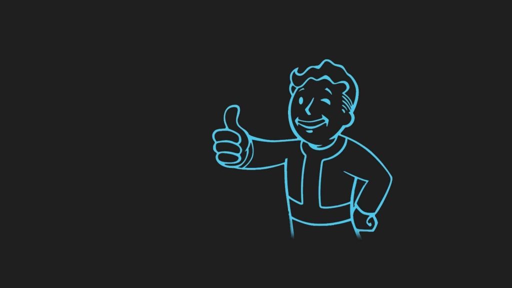 Minimalist Fallout 76 wallpaper with glowing neon blue Vault Boy winking and thumbs-up pose