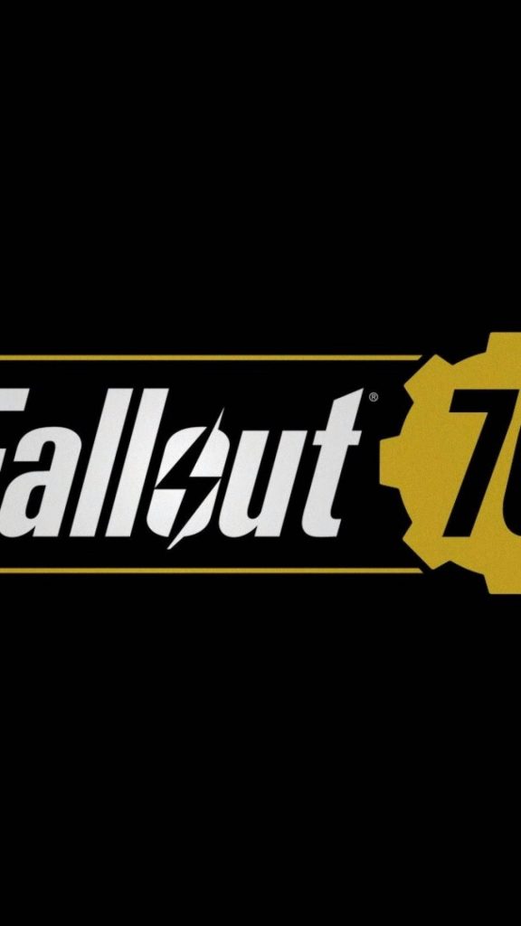 Minimalist Fallout 76 wallpaper with white logo gold framing and partial golden vault gear on black background