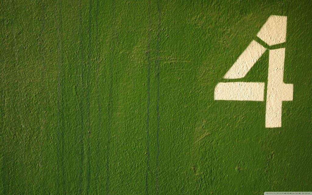 Minimalist Fantastic Four wallpaper with white number 4 on textured dark green wall background