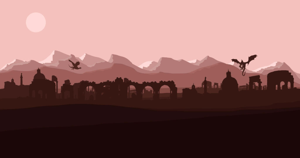 Minimalist Middle-Earth Fantasy Landscape Wallpaper with Dragons