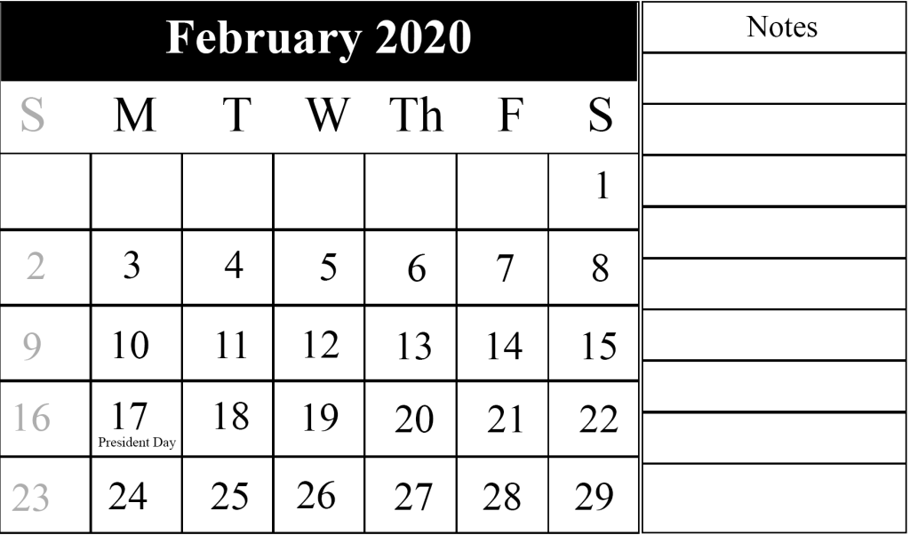 Minimalist February 2020 calendar wallpaper with notes column President's Day and leap year days