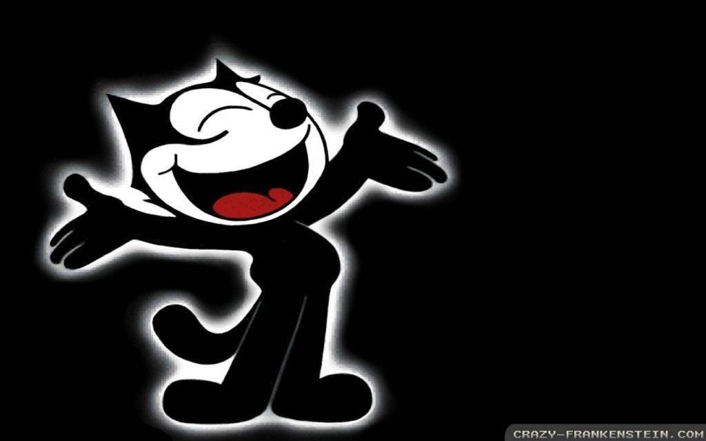 Minimalist Felix the Cat wallpaper laughing with arms open white glow on black nostalgic background