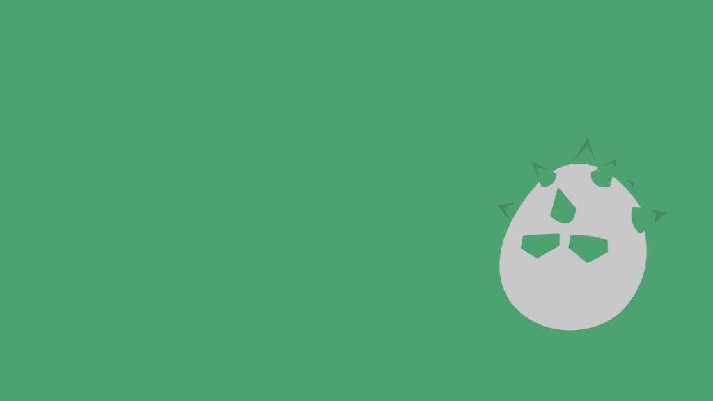 Minimalist digital wallpaper of Ferroseed Pokémon on solid sage green background for desktops