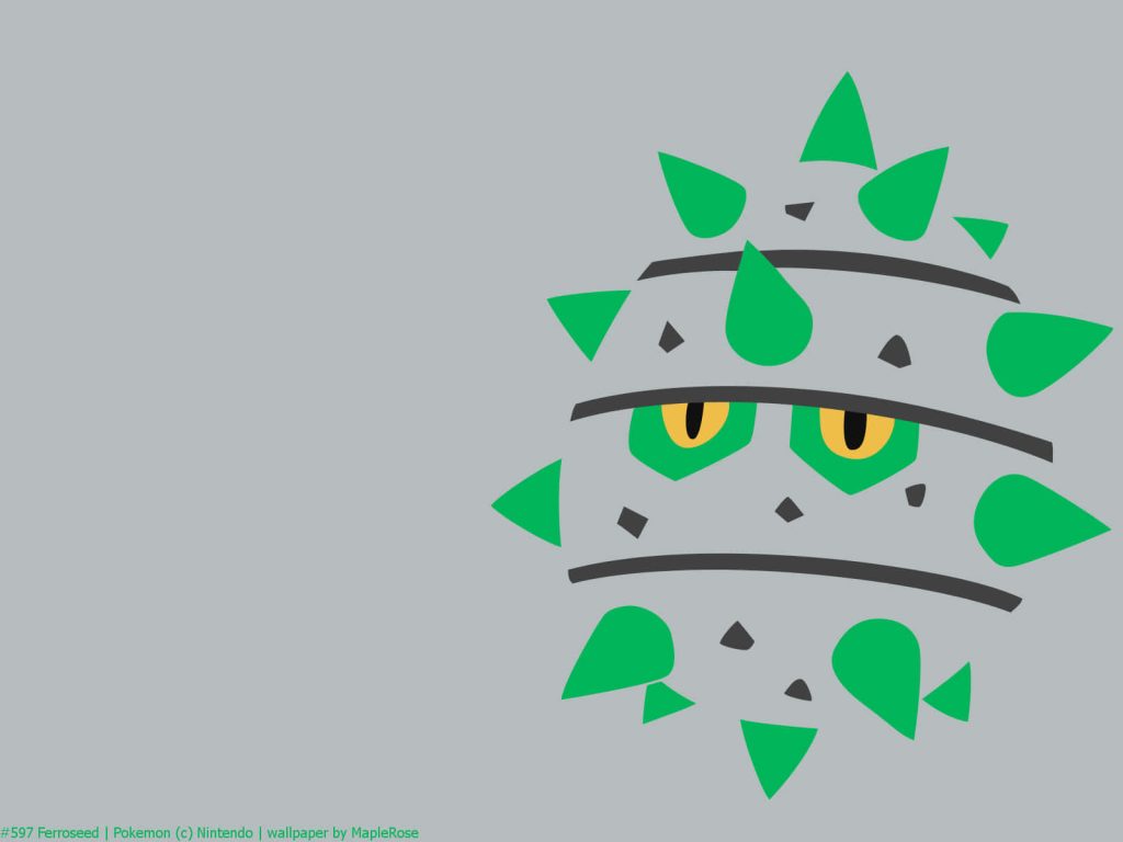 Minimalist Ferroseed Pokémon wallpaper with vibrant green spikes and yellow eyes on gray background