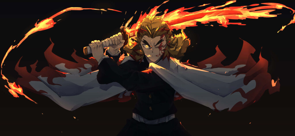 Fiery Character with Blazing Sword - Minimalist Dark Wallpaper