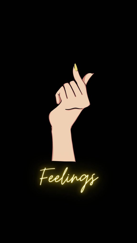 Minimalist finger heart hand with yellow nails and neon Feelings text on black K-pop wallpaper