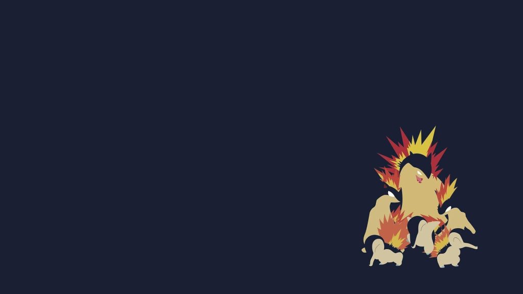Minimalist Fire-type Pokémon Cyndaquil Quilava Typhlosion vector art on navy background wallpaper