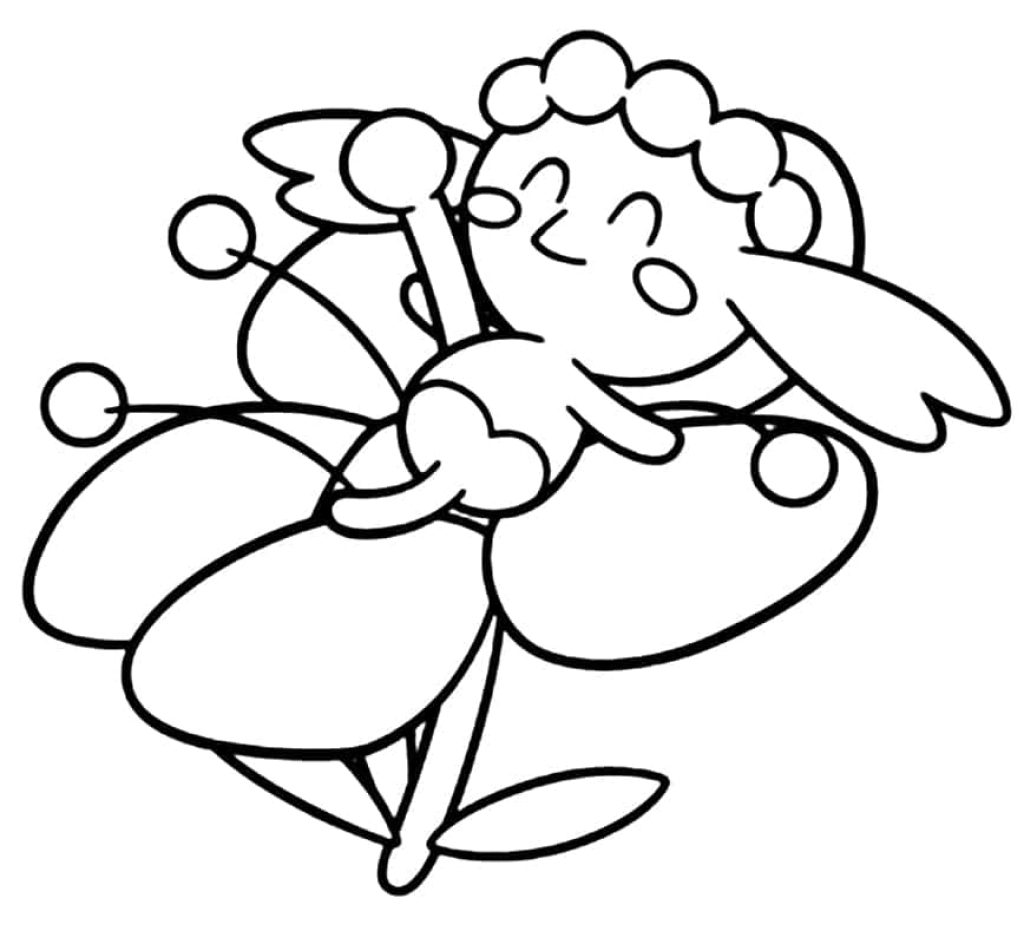Minimalist Flabébé black-and-white line art holding flower cheerful Pokémon wallpaper background