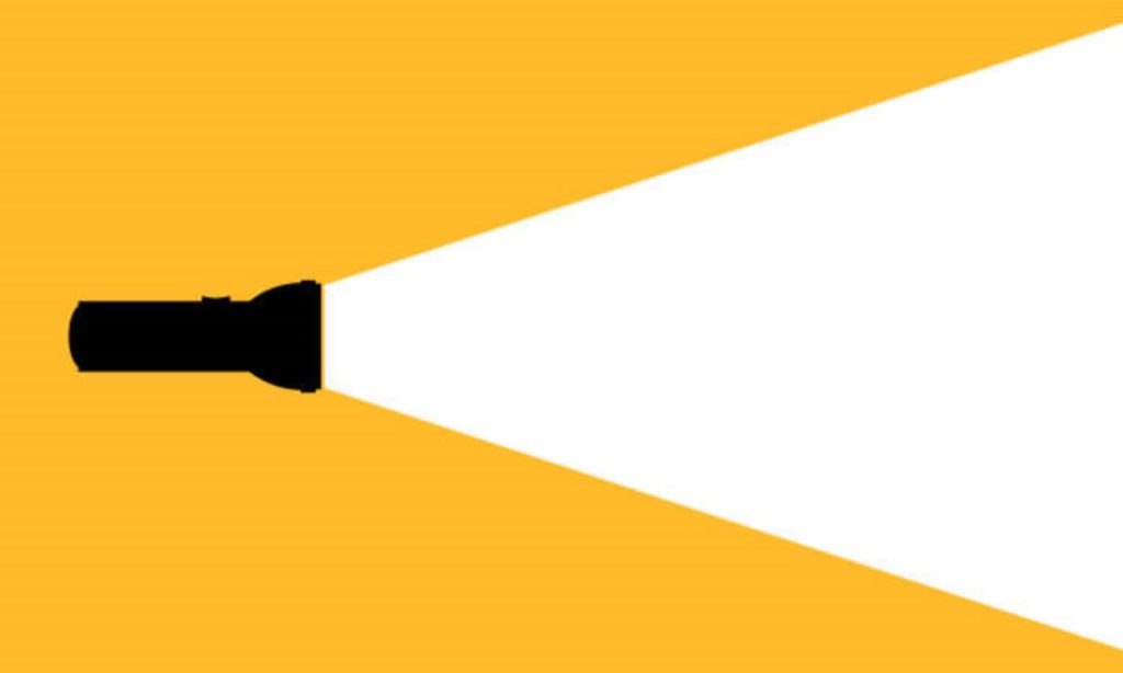 Minimalist vector wallpaper of black flashlight with bright white beam on solid yellow background