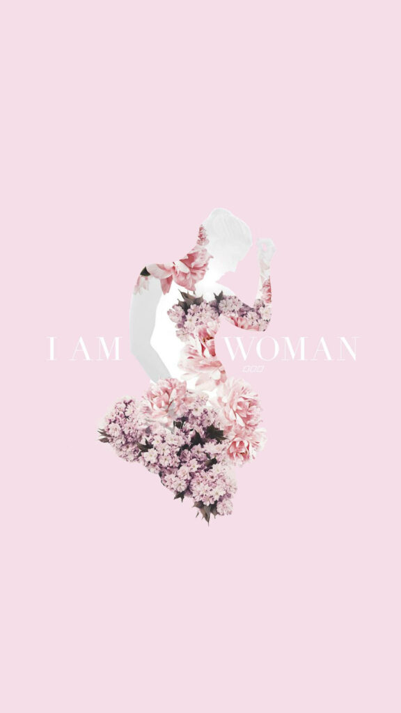Elegant Floral Silhouette Wallpaper: 'I Am Woman' on Soft Pink
