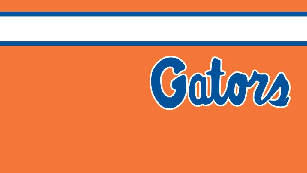 Minimalist Florida Gators wallpaper with blue script logo orange background and striped border