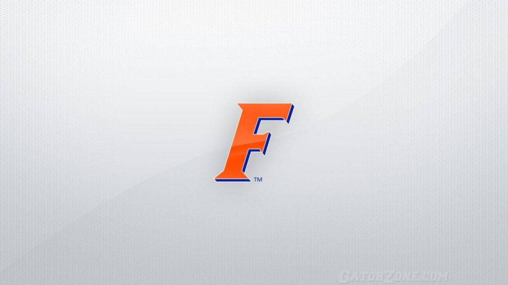 Minimalist Florida Gators wallpaper with orange and blue F logo on light gray textured background