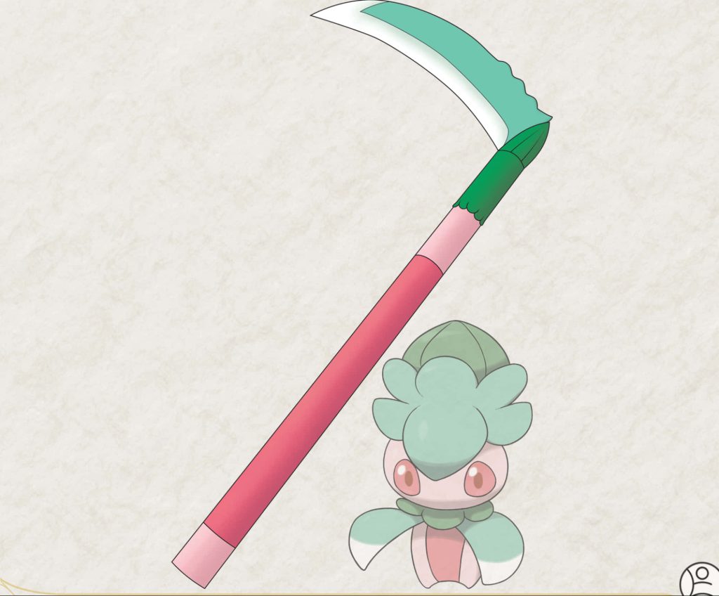 Crisp digital art of Fomantis with large scythe minimalist soft colors Pokémon wallpaper background