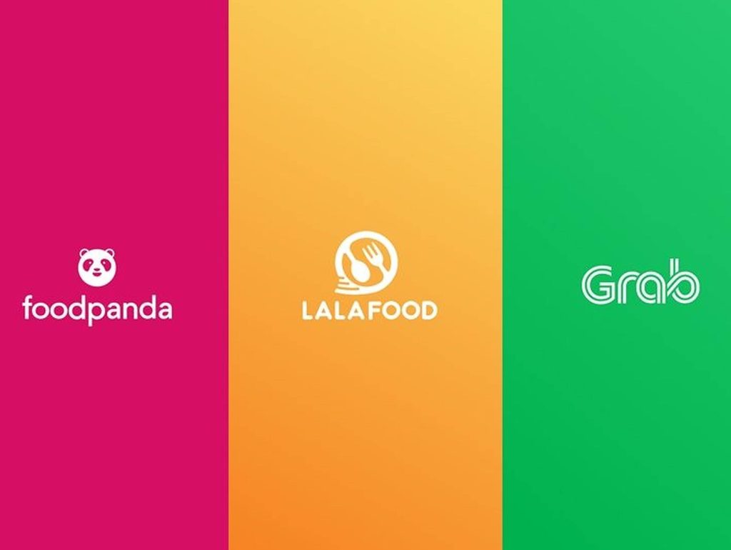 Minimalist digital wallpaper with foodpanda LALAFOOD and Grab logos on vibrant triptych panels