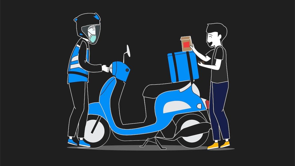Minimalist vector of food delivery rider on blue scooter handing package to customer on black background Wallpaper