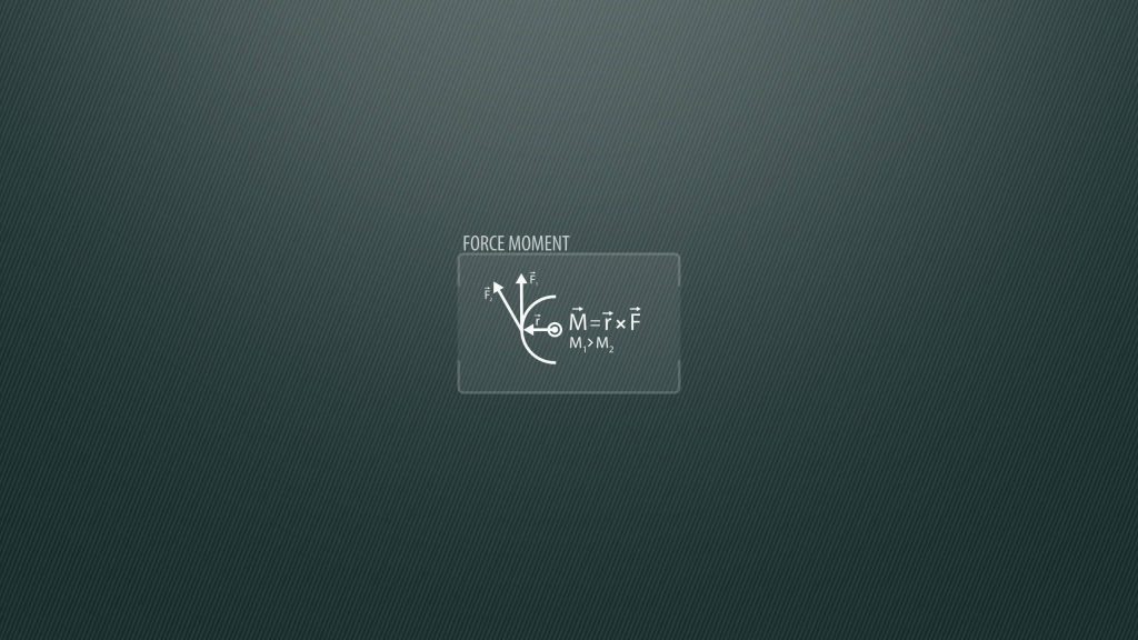 Minimalist Force Moment wallpaper with torque equation M equals r cross F on slate grey background