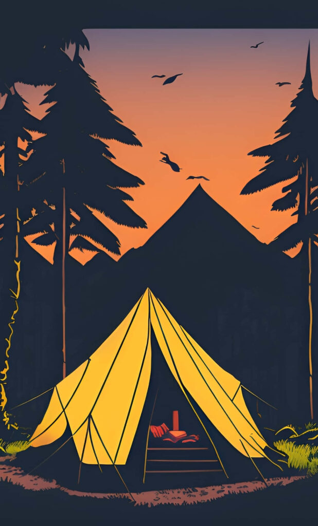 Serene Minimalist Forest Wallpaper: Tent at Dusk with Mountain Silhouette