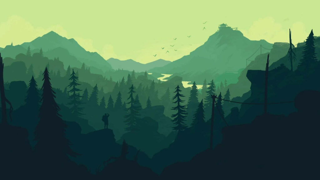 Serene Minimalist Forest Wallpaper: Mountains, Trees & Hiker Background