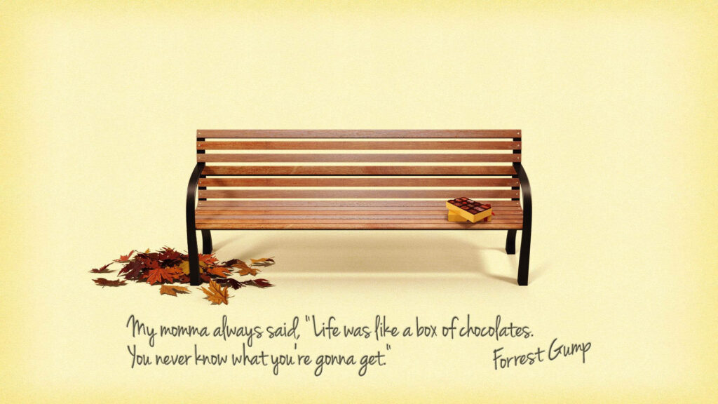 Minimalist Forrest Gump Wallpaper: Bench, Chocolates & Quote