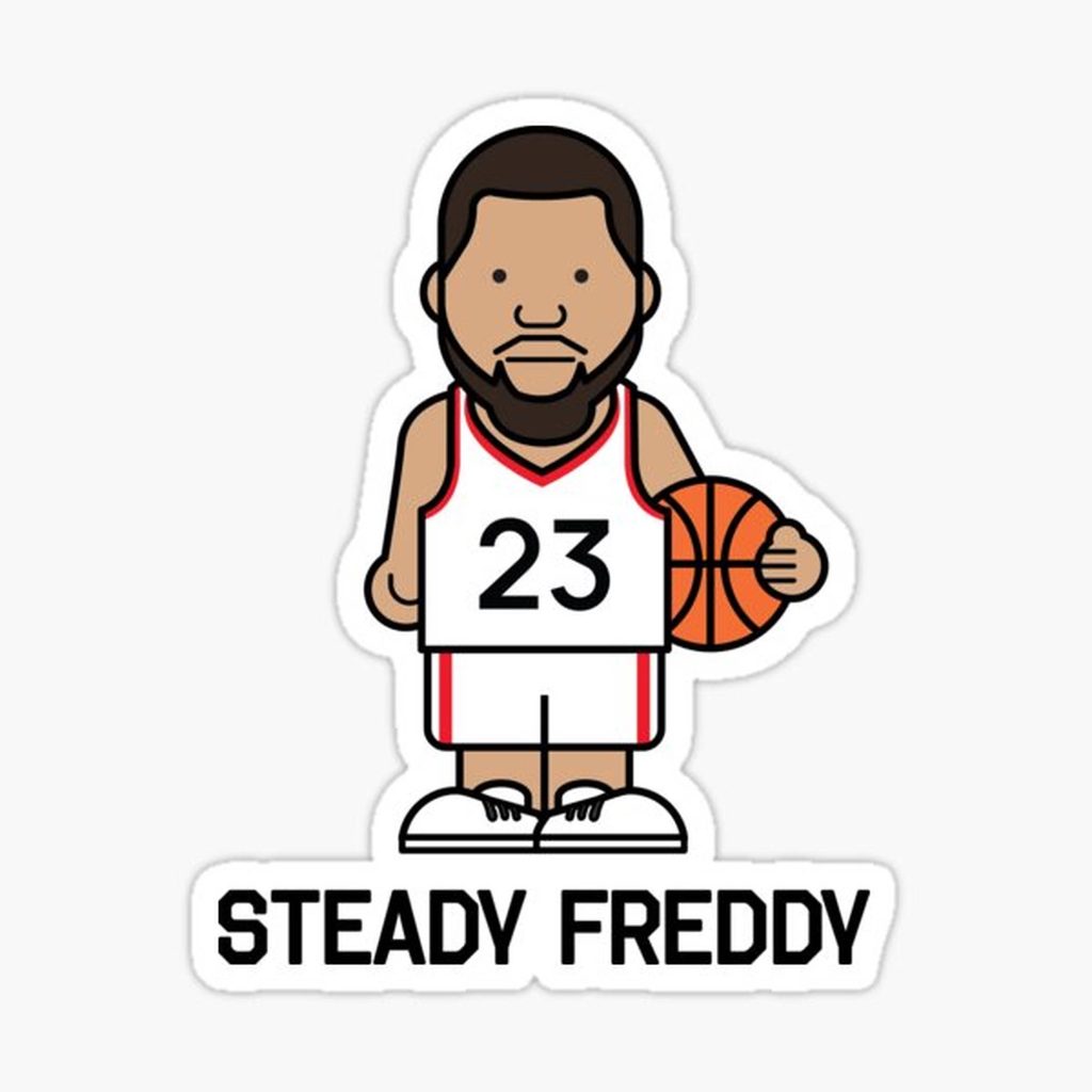 Minimalist cartoon sticker of NBA star Fred VanVleet number 23 holding basketball Steady Freddy Wallpaper