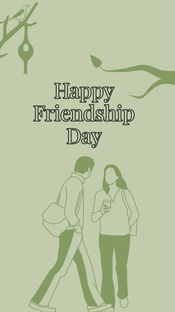 Minimalist Friendship Day wallpaper with two friends walking line art on sage green background