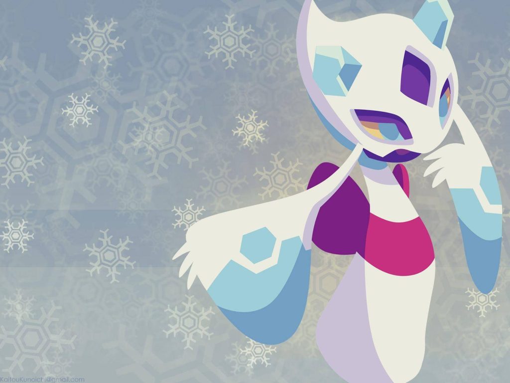 Minimalist Froslass Pokémon wallpaper with geometric snowflakes on a serene blue background