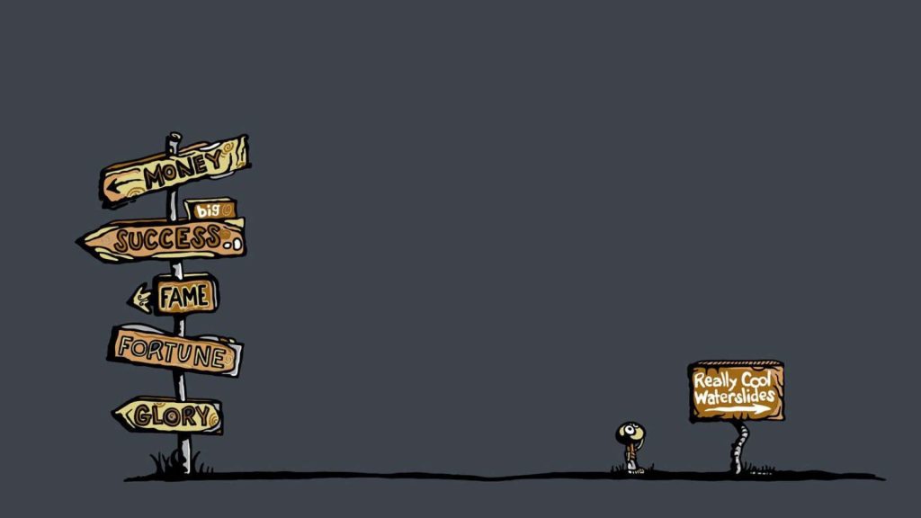 Minimalist comic wallpaper with character choosing waterslides over money fame and glory on grey background