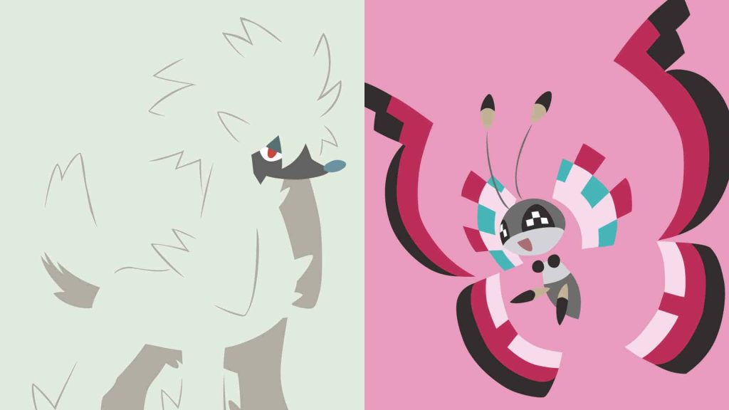 Minimalist split-screen wallpaper with white Furfrou on green and colorful Vivillon on pink background