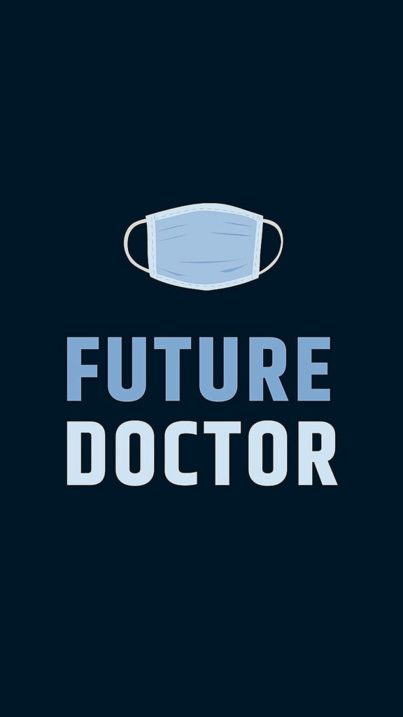 Minimalist wallpaper with blue medical mask and bold Future Doctor text on dark background